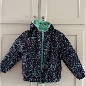 Girls size 10 floral/teal reversible Eddie Bauer puffer down coat.